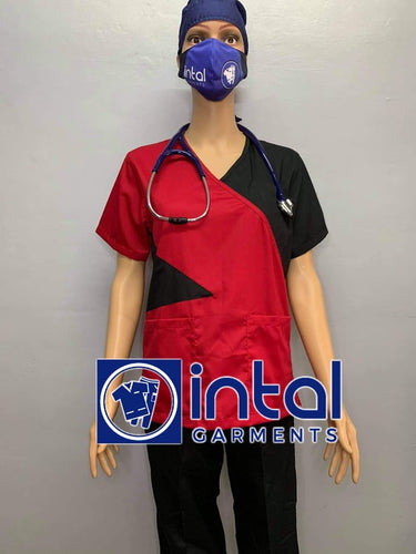 INTAL SCRUBSUIT 11 Premium Quality Mock Wrap Regular 4-Pocket Pants Unisex Scrubs Color Red - Black