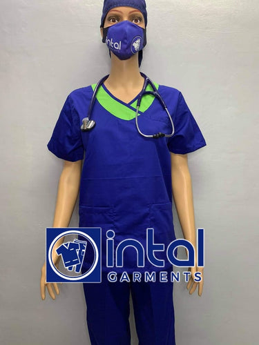 INTAL SCRUBSUIT 14 Premium Quality Mock Wrap Regular 4-Pocket Pants Unisex Scrubs Color Admiral Blue - Kelly Green