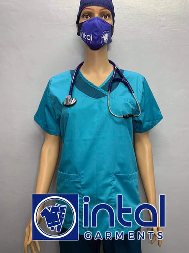 INTAL SCRUBSUIT 14 Premium Quality Mock Wrap Regular 4-Pocket Pants Unisex Scrubs Color Aqua Blue - Teal Blue