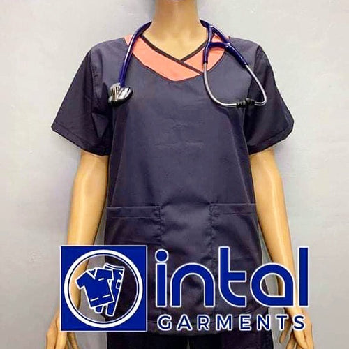 INTAL SCRUBSUIT 14 Premium Quality Mock Wrap Regular 4-Pocket Pants Unisex Scrubs Color Charcoal Grey-Peach