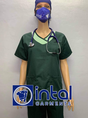 INTAL SCRUBSUIT 14 Premium Quality Mock Wrap Regular 4-Pocket Pants Unisex Scrubs Color Forest Green - Mint Green