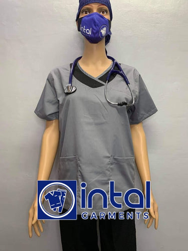 INTAL SCRUBSUIT 14 Premium Quality Mock Wrap Regular 4-Pocket Pants Unisex Scrubs Color Light Grey - Black