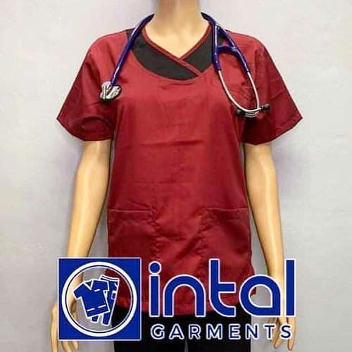 INTAL SCRUBSUIT 14 Premium Quality Mock Wrap Regular 4-Pocket Pants Unisex Scrubs Maroon-Black