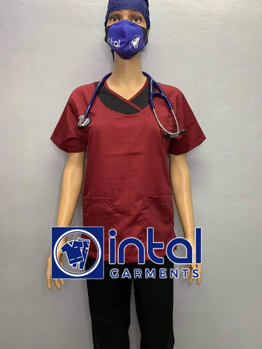 INTAL SCRUBSUIT 14 Premium Quality Mock Wrap Regular 4-Pocket Pants Unisex Scrubs Color Maroon - Black