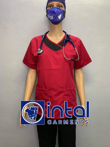 INTAL SCRUBSUIT 14 Premium Quality Mock Wrap Regular 4-Pocket Pants Unisex Scrubs Color Red - Black