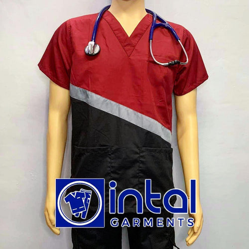 INTAL SCRUBSUIT 15A CARGO 6-Pocket Pants Premium Quality V-Neck Unisex Scrubs Color Black-Light Grey-Maroon