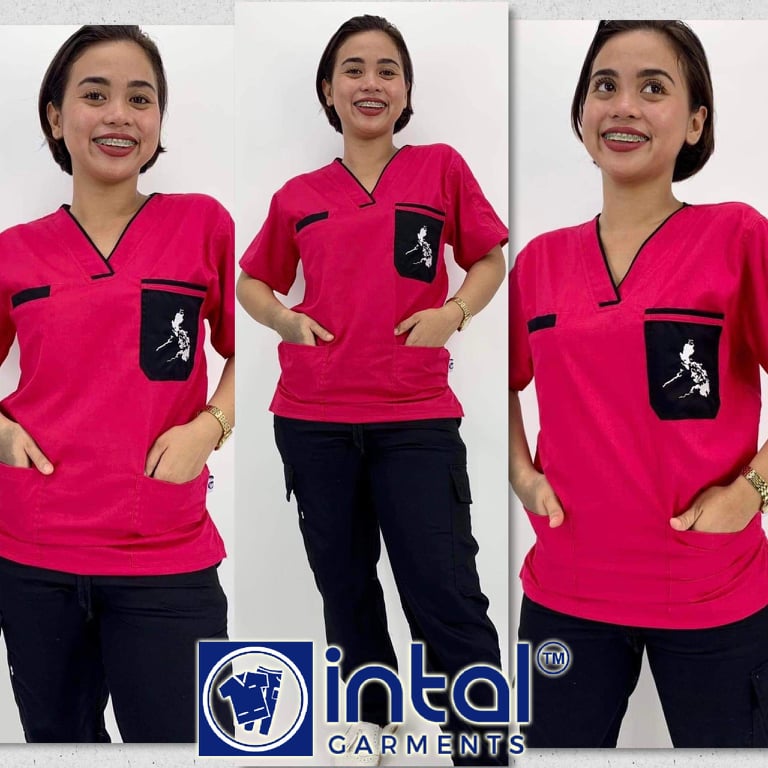 Scrub Suit FREE NAME EMBROIDERY 024A Statement Scrubs (Philippine Map) FUCHSIA PINK High Quality Doctor Nurse Scrubsuit Cargo 6 Pocket Pants Unisex Scrubs