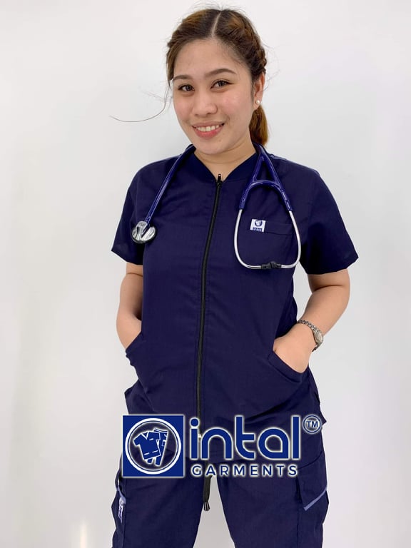 INTAL SCRUBSUIT 031 Elite MALIKSI Full Zip-Up Ribbed Neck Shoulder Stripe Cargo 6Pocket Scrubs - MIDNIGHT BLUE - OXFORD BLUE