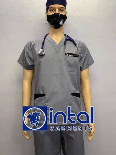 INTAL SCRUBSUIT 01B JOGGER 4 Pocket Pants High Quality Classic V-Neck Unisex Scrubs Color Light Grey - Black (Light Grey Pants)