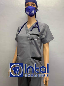SCRUB SUIT Medical Doctor Nurse Uniform SS01B Polycotton JOGGER PANTS by INTAL GARMENTS Color Light Grey - Black (Light Grey Pants)