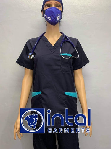 INTAL SCRUBSUIT 01B JOGGER 4 Pocket Pants High Quality Classic V-Neck Unisex Scrubs Color Midnight Blue - Aqua Blue
