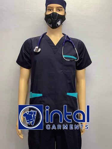 INTAL SCRUBSUIT 01B JOGGER 4 Pocket Pants High Quality Classic V-Neck Unisex Scrubs Color Midnight Blue - Aqua Blue
