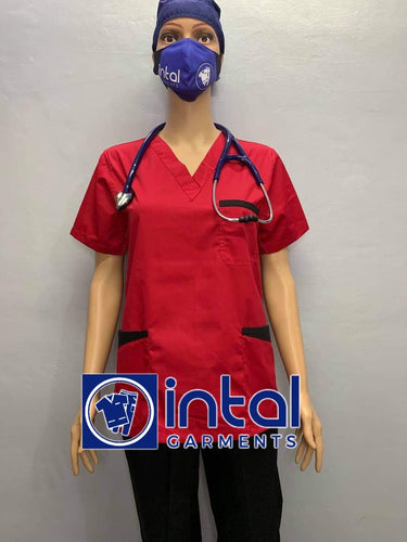 INTAL SCRUBSUIT 01B JOGGER 4 Pocket Pants High Quality Classic V-Neck Unisex Scrubs Color Red - Black