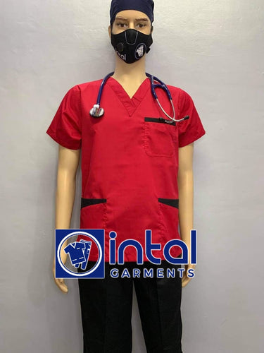 INTAL SCRUBSUIT 01B JOGGER 4 Pocket Pants High Quality Classic V-Neck Unisex Scrubs Color Red - Black