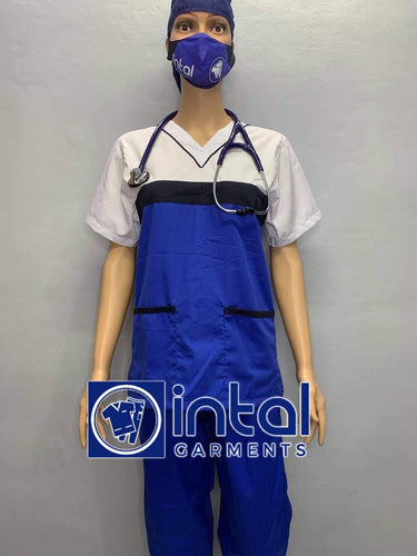 INTAL SCRUBSUIT 03B HIGH QUALITY Tricolor V-Neck Regular 4 Pocket Pants Unisex Scrubs Color Admiral Blue - Midnight Blue - White