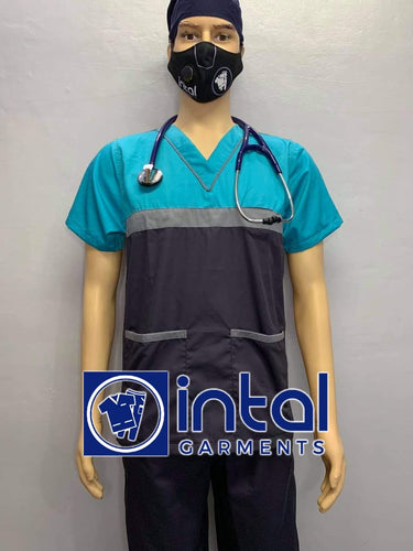 INTAL SCRUBSUIT 03B HIGH QUALITY Tricolor V-Neck Regular 4 Pocket Pants Unisex Scrubs Color Charcoal Grey - Light Grey - Aqua Blue