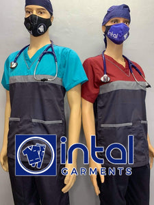 SCRUB SUIT Medical Doctor Nurse Uniform SS03B Polycotton REGULAR PANTS by INTAL GARMENTS Color Charcoal Grey - Light Grey - Aqua Blue