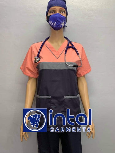 INTAL SCRUBSUIT 03B HIGH QUALITY Tricolor V-Neck Regular 4 Pocket Pants Unisex Scrubs Color Charcoal Grey - Light Grey - Peach