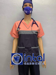 SCRUB SUIT Medical Doctor Nurse Uniform SS03B Polycotton REGULAR PANTS by INTAL GARMENTS Color Charcoal Grey - Light Grey - Peach