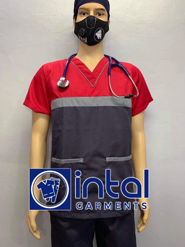 SCRUB SUIT Medical Doctor Nurse Uniform SS03B Polycotton JOGGER PANTS by INTAL GARMENTS Color Charcoal Grey - Light Grey - Red
