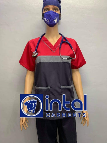 INTAL SCRUBSUIT 03B HIGH QUALITY Tricolor V-Neck Regular 4 Pocket Pants Unisex Scrubs Color Charcoal Grey - Light Grey - Red