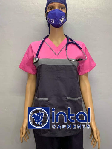 INTAL SCRUBSUIT 03B HIGH QUALITY Tricolor V-Neck Regular 4 Pocket Pants Unisex Scrubs Color Charcoal Grey - Light Grey - Rose Pink