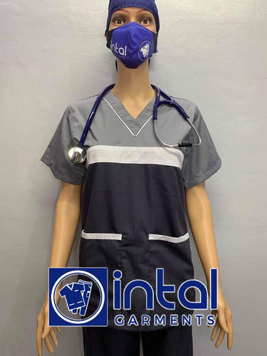 INTAL SCRUBSUIT 03B HIGH QUALITY Tricolor V-Neck Regular 4 Pocket Pants Unisex Scrubs Color Charcoal Grey - White - Light Grey