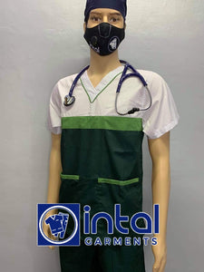 SCRUB SUIT Medical Doctor Nurse Uniform SS03B Polycotton JOGGER PANTS by INTAL GARMENTS Color Forest Green - Fern Green - White