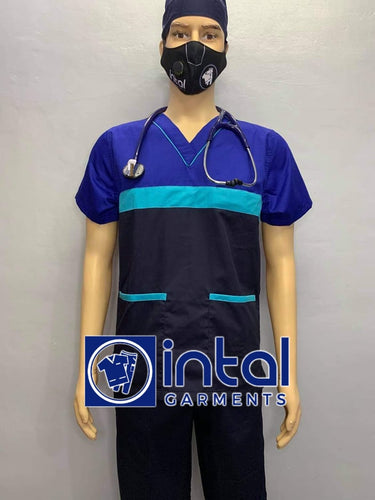 INTAL SCRUBSUIT 03B HIGH QUALITY Tricolor V-Neck Regular 4 Pocket Pants Unisex Scrubs Color Midnight Blue - Aqua Blue - Admiral Blue
