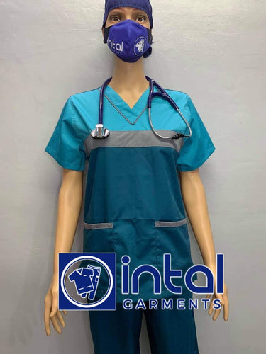 INTAL SCRUBSUIT 03B HIGH QUALITY Tricolor V-Neck Regular 4 Pocket Pants Unisex Scrubs Color Teal Blue - Light Grey - Aqua Blue