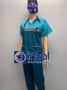 SCRUB SUIT Medical Doctor Nurse Uniform SS03B Polycotton JOGGER PANTS by INTAL GARMENTS Color Teal Blue - Light Grey - Aqua Blue