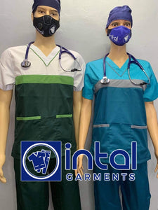 SCRUB SUIT Medical Doctor Nurse Uniform SS03B Polycotton JOGGER PANTS by INTAL GARMENTS Color Teal Blue - Light Grey - Aqua Blue
