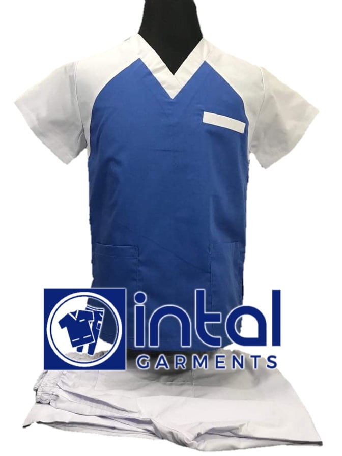 SCRUB SUIT High Quality SS_05 Polycotton by INTAL GARMENTS Color Azure Blue - White