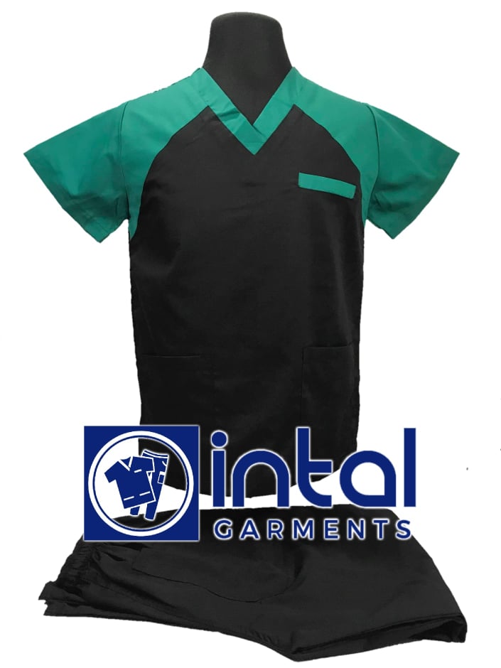 SCRUB SUIT High Quality SS_05 Polycotton by INTAL GARMENTS Color Black - Emerald Green