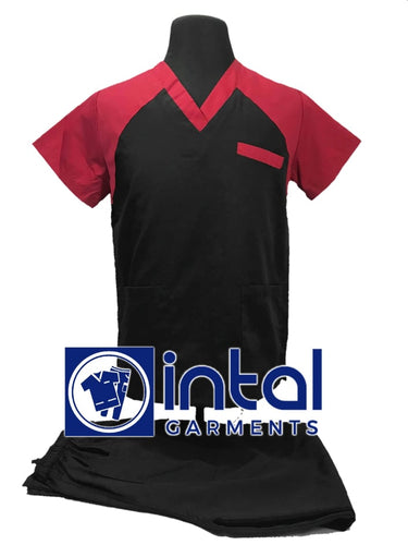 INTAL SCRUBSUIT 05 CARGO 6-Pocket Pants Premium Quality V-Neck Unisex Scrubs Color Black - Red
