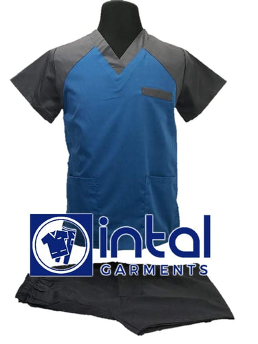 INTAL SCRUBSUIT 05 CARGO 6-Pocket Pants Premium Quality V-Neck Unisex Scrubs Color Sapphire Blue - Charcoal Grey