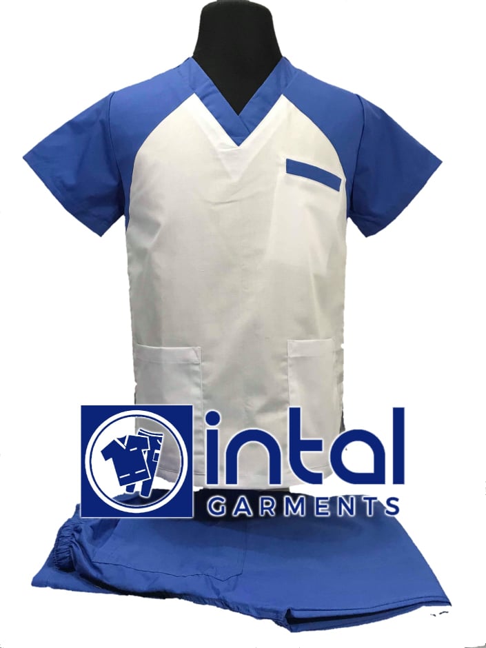 SCRUB SUITS High Quality SS_05 Polycotton by INTAL GARMENTS Color White - Azure Blue