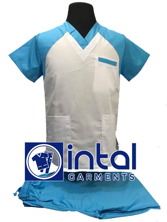 SCRUB SUITS High Quality SS_05 Polycotton by INTAL GARMENTS Color White - Cyan Blue
