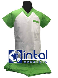 SCRUB SUIT High Quality SS_05 Polycotton by INTAL GARMENTS Color White - Kelly Green