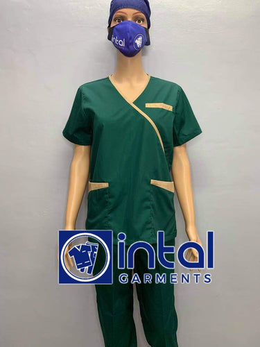 INTAL SCRUBSUIT 08B CARGO 6-Pocket Pants Premium Quality Mock Wrap Unisex Scrubs Color Forest Green - Tortilla Brown