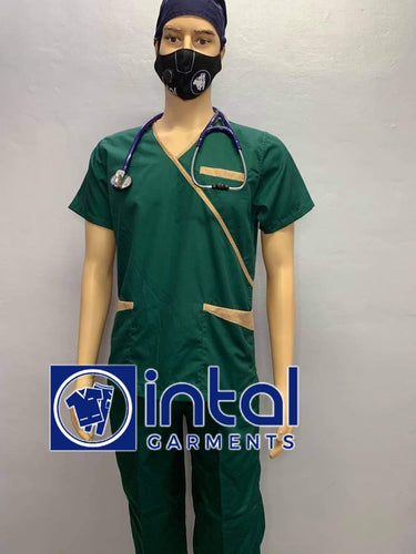 INTAL SCRUBSUIT 08B CARGO 6-Pocket Pants Premium Quality Mock Wrap Unisex Scrubs Color Forest Green - Tortilla Brown