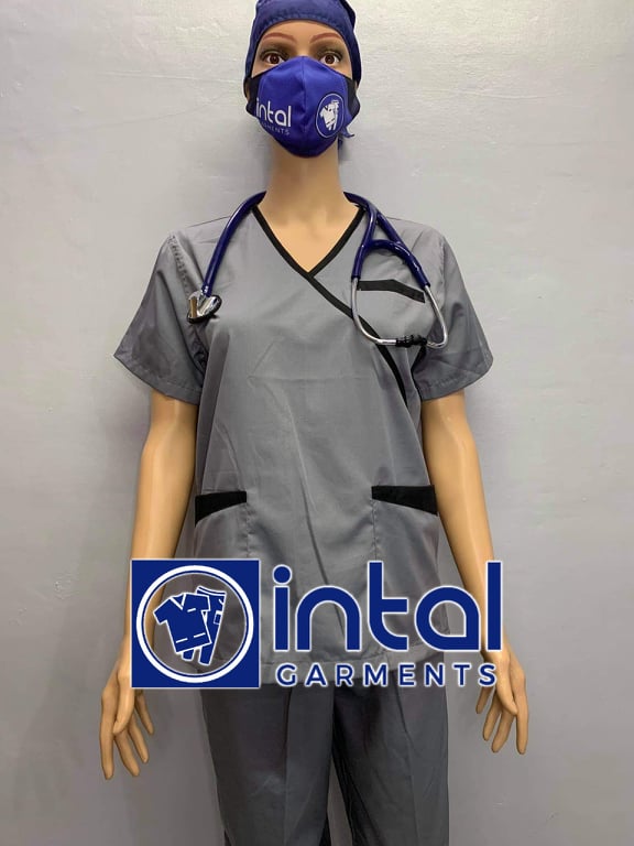 SCRUB SUIT Medical Doctor Nurse Uniform SS08B Polycotton JOGGER PANTS by INTAL GARMENTS Color Light Grey - Black (Light Grey Pants)