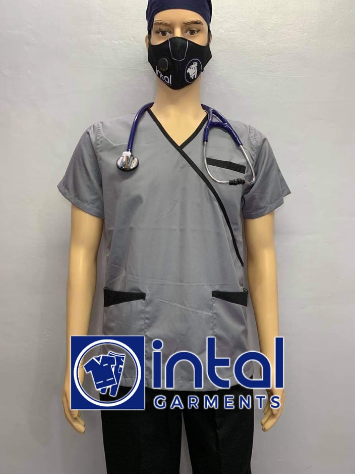 SCRUB SUIT Medical Doctor Nurse Uniform SS08B Polycotton JOGGER PANTS by INTAL GARMENTS Color Light Grey - Black Pants