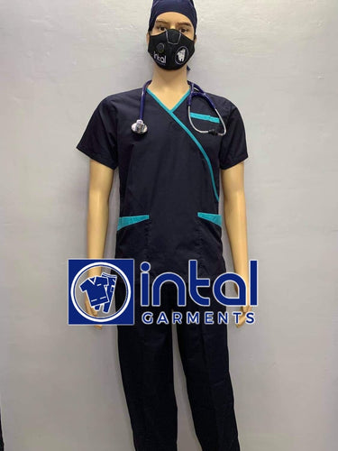 INTAL SCRUBSUIT 08B CARGO 6-Pocket Pants Premium Quality Mock Wrap Unisex Scrubs Color Midnight Blue - Aqua Blue