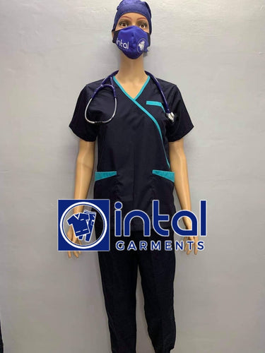 INTAL SCRUBSUIT 08B CARGO 6-Pocket Pants Premium Quality Mock Wrap Unisex Scrubs Color Midnight Blue - Aqua Blue
