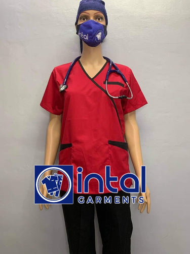 INTAL SCRUBSUIT 08B CARGO 6-Pocket Pants Premium Quality Mock Wrap Unisex Scrubs Color Red - Black