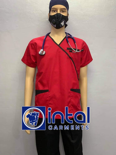 INTAL SCRUBSUIT 08B CARGO 6-Pocket Pants Premium Quality Mock Wrap Unisex Scrubs Color Red - Black